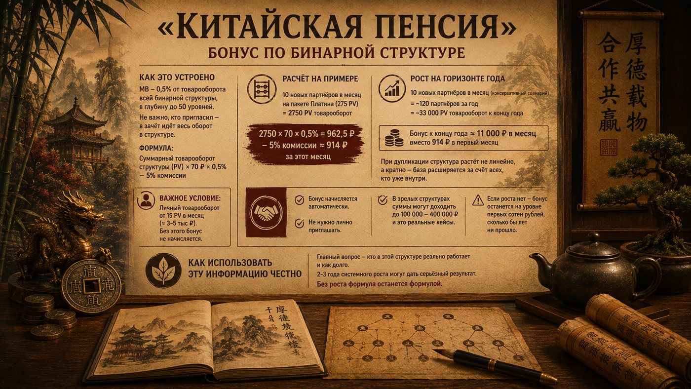 «Китайская пенсия»: разбираю бонус по бинарной структуре максимально честно, с расчётом на годы вперёд